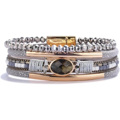 Leather Wrap Bracelet with Crystal Beads & Stone Charm, Boho Cuff with Clasp for Women