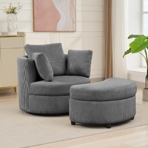 Hyleory Corduroy 360 degree swivel chair, Accent Chair with Ottoman Set, Mid Century Modern Barrel Armchair, Upholstered Club Tub Round Arms Chair - 1 of 4