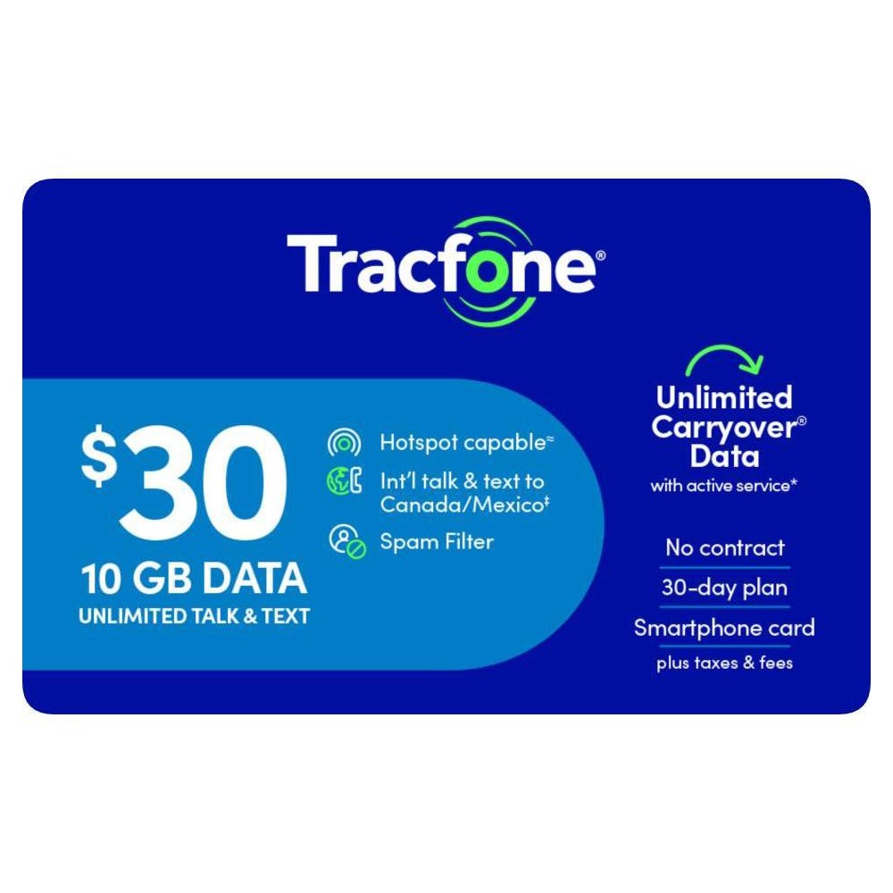 $30 Tracfone Unlimited Talk and Text, 10GB of Data/30 Days (Smartphone Only) (Email Delivery)