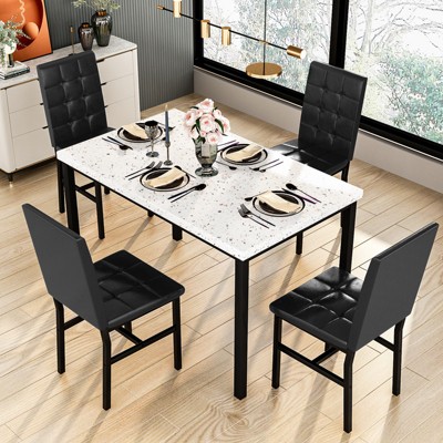 Hooseng Dining Table Set for 4, 5 Pieces Dining Table Set, Kitchen Table and chair Set with PU Upholstery Backrest Chair and Metal Frame Table Set