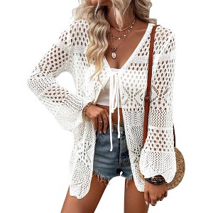 Womens Cardigan Spring Tops Sheer Lightweight Summer Cardigan Beach Cover Up Tops V Neck Lantern Sleeve Sweater Cardigan - 1 of 4