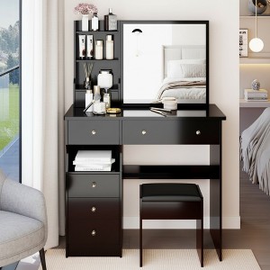 FONTOI 29.2"W/37"W/41"W Makeup Vanity Table with Left Drawer Stool Large Sliding Mirror Capacity Storage for Bedroom Dressing Room, White/Black - 1 of 4