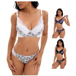 INSPIRE CHIC 3 Sets Women's Floral Mesh Push-Up Underwire Lace Bra and Underwear Lingerie Set - 1 of 4