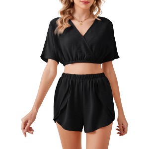 Women's 2 Piece Outfits Summer V Neck Short Sleeve Crop Top and High Waist Shorts - 1 of 4