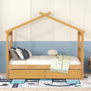 Okak Twin/Full Size House Bed Frame with 2 Storage Drawers,Solid Wood Platform Bed for Kids Room,Bedroom - 1 of 4