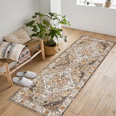 Entryway Runner Rug - Washable Vintage Low Pile Carpet, Non-Slip Lightweight Floor Mat for Kitchen, Bedroom & Bathroom