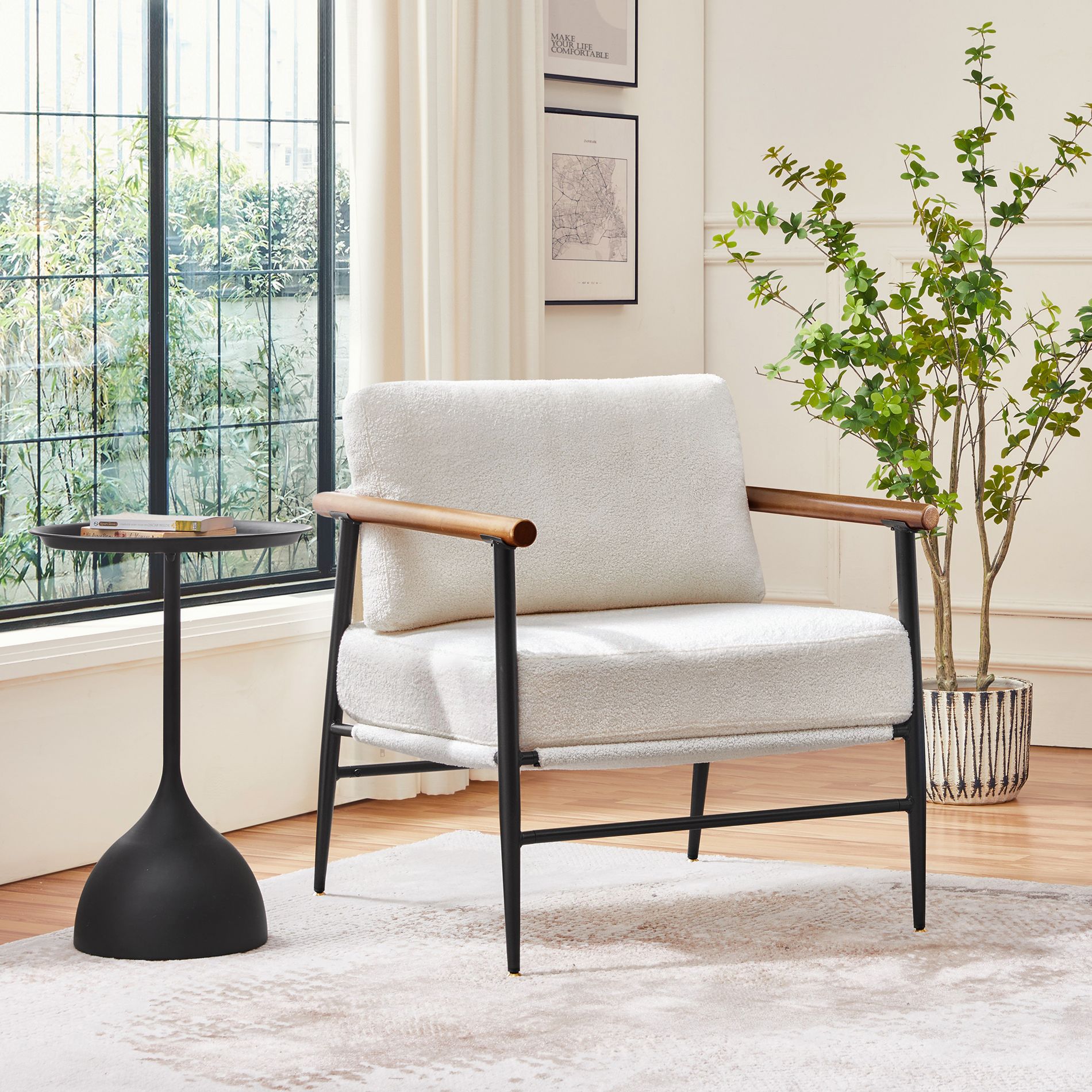 Yaheetech Mid-Century PU Leather Accent Chair, Metal Frame with Cushion & Pillow for Living Room & Bedroom, Ivory