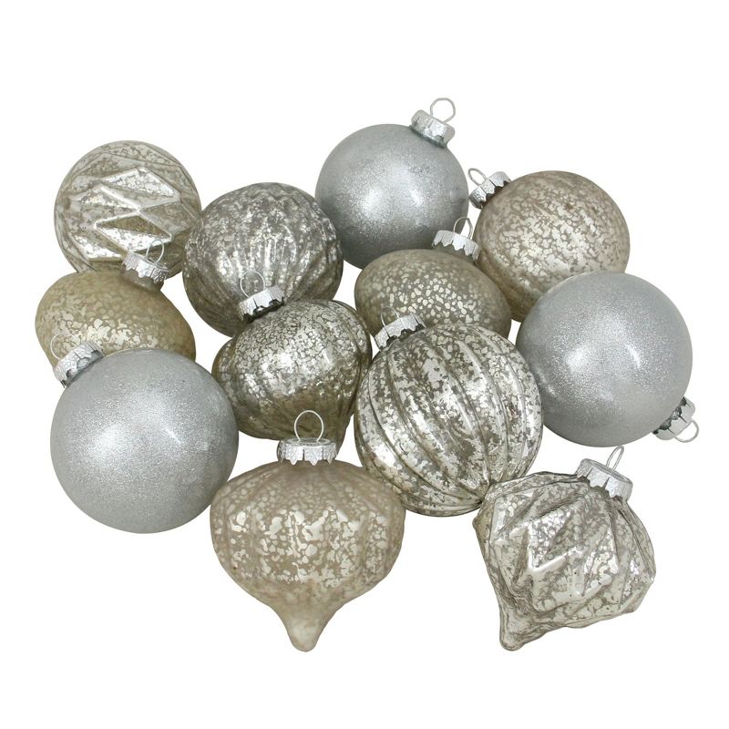 Northlight 12ct Champagne and Silver Mercury Glass Style Glass Christmas Ornament Set 3", 1 of 2