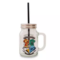 Silver Buffalo Harry Potter Hogwarts Crest 21 Ounce Glass Mason Jar With Lid and Straw