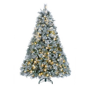 Hrinhom 4FT Prelit Flocked Christmas Tree,Snowy Artificial Tree with LED Lights,Metal Stand - 1 of 4