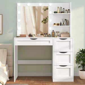 USIKEY Makeup Vanity Desk with Mirror and LED Lights, Vanity Desk Dressing Table with Storage Shelves, 3 Color Modes Adjustable Brightness for Bedroom - 1 of 4