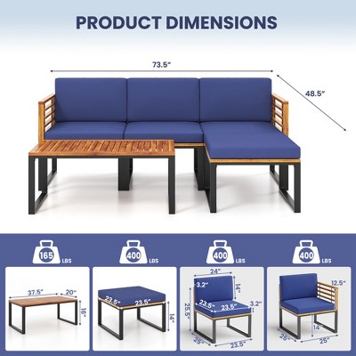 Acacia Wood and Metal 5-Piece Patio Set with Navy Cushions