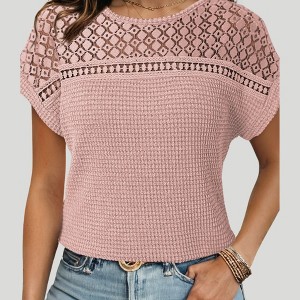 Amaryllis Women’s Crochet Knit Lace Yoke Textured Short Sleeve Pullover Lightweight T-Shirt - 1 of 4