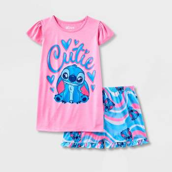 Girls' Lilo & Stitch 'Cutie' 2pc Short Sleeve Top and Shorts Pajama Set - Pink/Blue