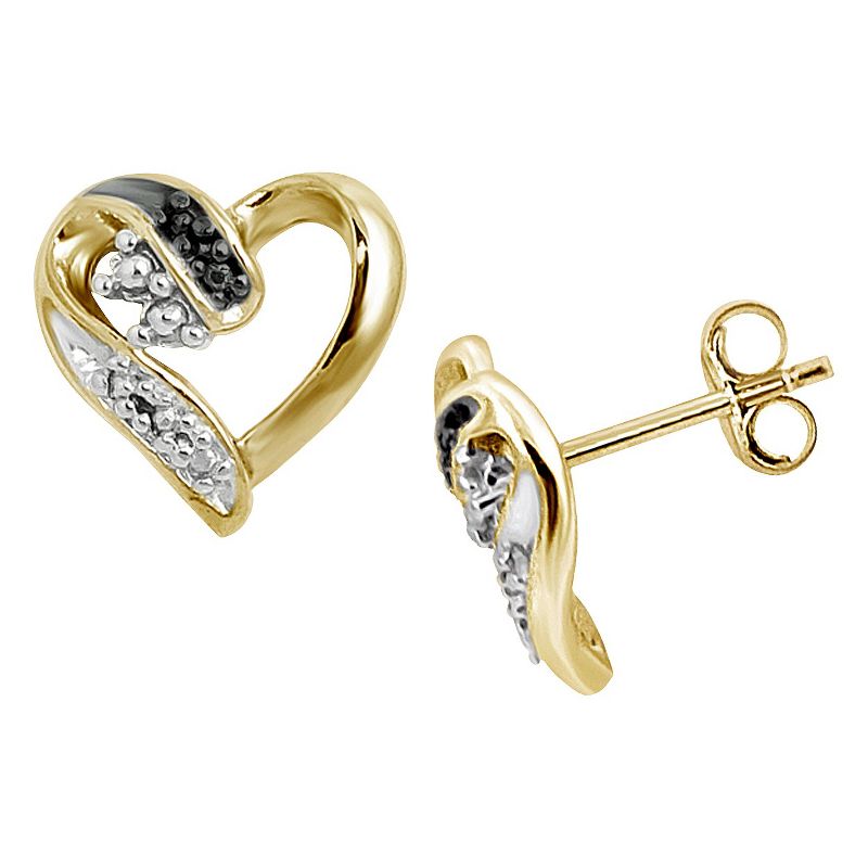 Women&#39;s Sterling Silver Round-Cut Black Diamond Prong Set Heart Stud Earrings - Yellow, 1 of 3