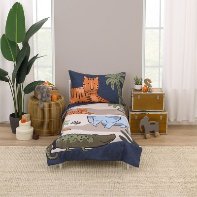 Carter's Jungle Navy, Tan, Blue, and Orange Oh Snap! It's Bedtime 4 Piece Toddler Bed Set