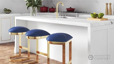 Aura 30'' Blue Faux Leather and Polished Brass Metal Barstool Set