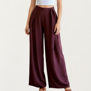 Anna-Kaci Women's Wide Leg Pants with Draped Front Panels and Flowing Fabric Featuring a Tie Waist Detail - 1 of 4