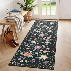 4x6 Kitchen Runner Floral Rug Runners for Hallway Bedroom,Soft Ultra-Thin Indoor Low Pile Flower Carpet with Non Slip Backing,Green - 1 of 4