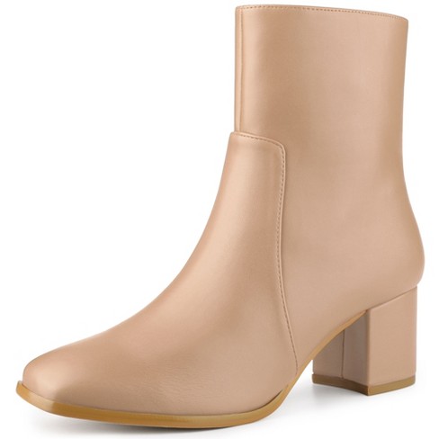 Allegra K Women's Square Toe Side Zip Block Heel Ankle Boots Nude 8