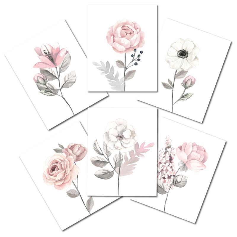 Lambs & Ivy Watercolor Floral Unframed Nursery Child Wall Art 6pc - Pink/Gray, 2 of 8