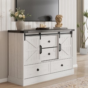 Farmhouse 4 Drawer Dresser for Bedroom, 45" Wood Dressers with Sliding Barn Doors, TV Stand with Large Drawers & Bar Handles, White Dressers - 1 of 4
