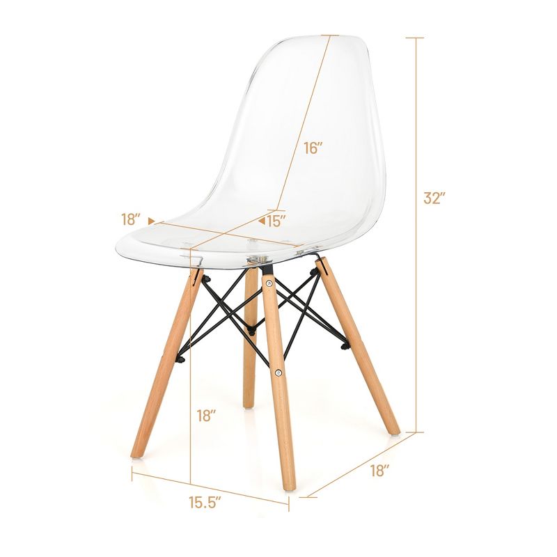 Set of 4 Dining Chairs Modern Plastic Shell Side Chair w/ Clear Seat & Wood Legs, 4 of 11