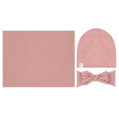 Image of Ely's and Co. Jersey Knit Cotton Swaddle Blanket , Beanie & Headband Gift Set Dusty Rose