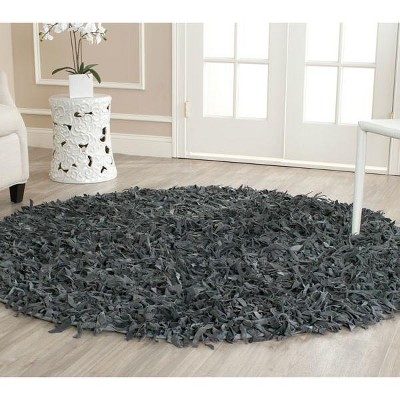 Gray Round Handmade Leather Shag Area Rug