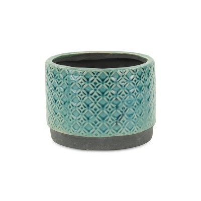 HomeRoots 7" Turquoise Geometric Ceramic Indoor Outdoor Round Pot Planter