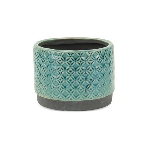 HomeRoots 7" Turquoise Geometric Ceramic Indoor Outdoor Round Pot Planter - 1 of 4