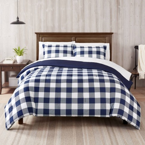 2pc Twin/Twin Extra Long Alex Buffalo Check Plaid Antimicrobial Comforter  Set Navy/White - Serta