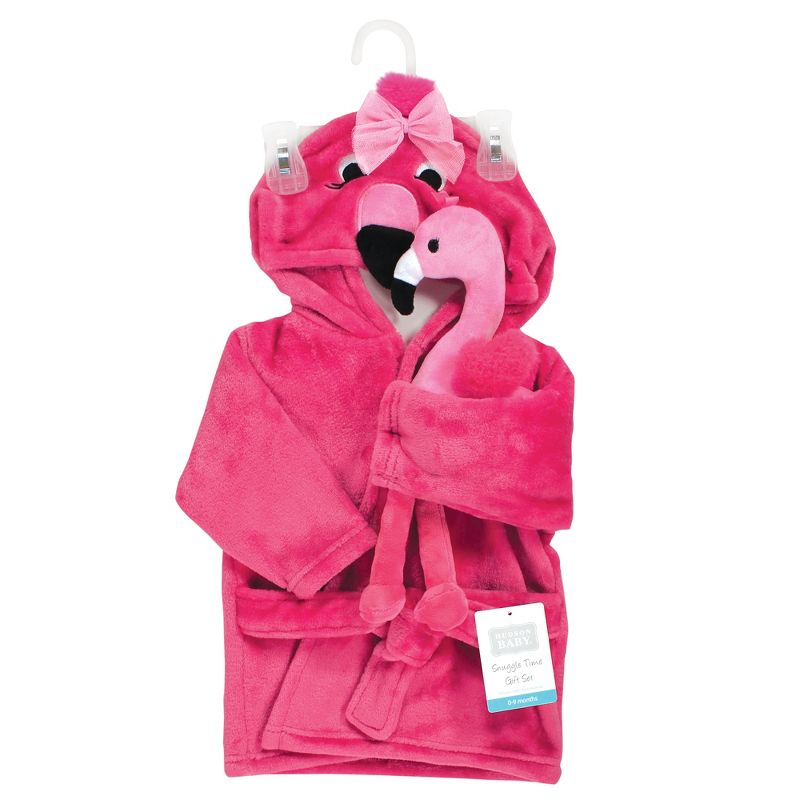 Hudson Baby Infant Girl Plush Bathrobe and Toy Set, Flamingo, One Size, 2 of 5