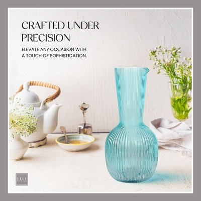 Elle Decor Blue Ribbed Glass Carafe for Beverages, 40 oz