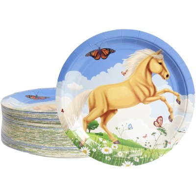 Blue Panda 80-Count Disposable Paper Plates, Horse Birthday Party Supplies Kids Birthdays, Round 9"x9"