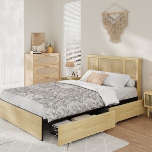 Bed Frame with Natural Rattan Headboard, Strong Wooden Slats, No Box Spring Required, Wood Platform Beds, Noise Free, No Box Spring Needed - 1 of 4