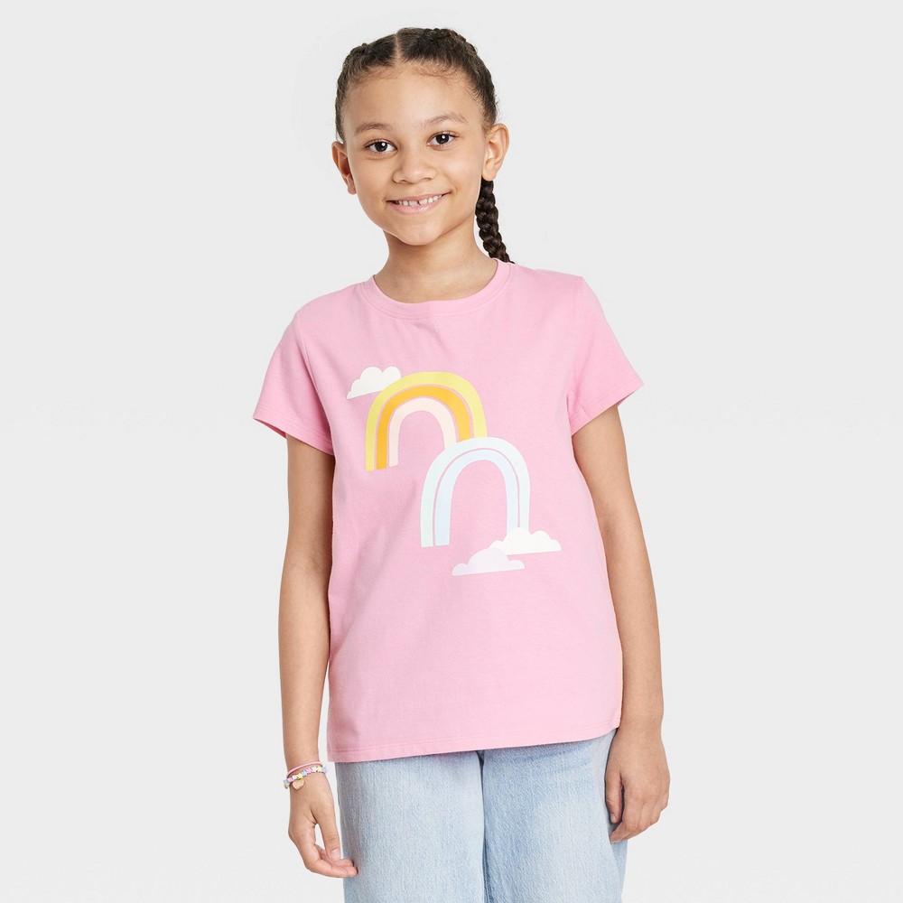 Girls' Rainbow Short Sleeve Graphic T-Shirt - Cat & Jack™ Bright Pink S