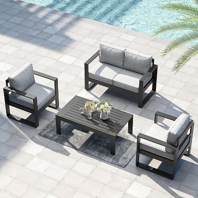 LayinSun 4 Pieces Aluminum Outdoor Patio Furniture Set, Metal Modern Conversation Sofa Set with Coffee Table and Washable Thick Cushions