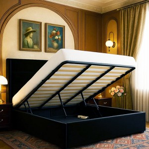 Velvet Upholstered Bed with Lift Up Storage, Wingback Platform Bed Frame, No Box Spring Needed - 1 of 4