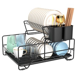 Fortune Candy 7'' Tall Multifunctional 2-Tier Dish Drying Rack For Kitchen(Black) - 1 of 4