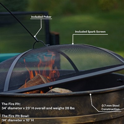 34-Inch Dark Bronze Steel Cauldron Style Fire Pit with Spark Screen