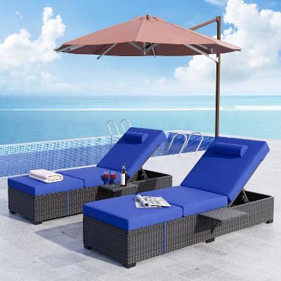Outdoor PE Wicker Chaise Lounge Chairs Set of 2 Patio Brown Rattan Reclining Chair Adjustable Backrest Pool Sunbathing Recliners with Cushion Cover