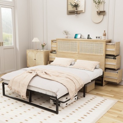Brafabhome Rattan Tall Headboard Queen Beds with 6 Storage Drawers, Boho Platform Bed Frames with Charging Station for Bedroom, No Box Spring Needed