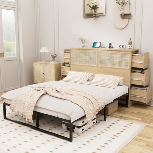 Brafabhome Rattan Tall Headboard Queen Beds with 6 Storage Drawers, Boho Platform Bed Frames with Charging Station for Bedroom, No Box Spring Needed - 1 of 4