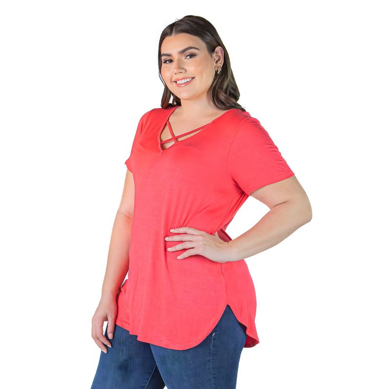 24seven Comfort Apparel Womens Plus Size V Neck Criss Cross Neckline T Shirt Tunic Top, 2 of 7