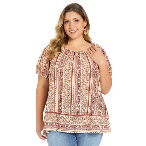 Women's Plus Size Boho Floral Print Puff Sleeve Round Neck Summer Casual Vacation Blouses - GRACE & GRANDEUR - 1 of 4