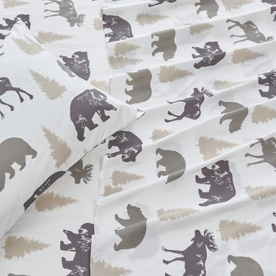 King Size Gray Lodge Bear Print Microfiber Sheet Set