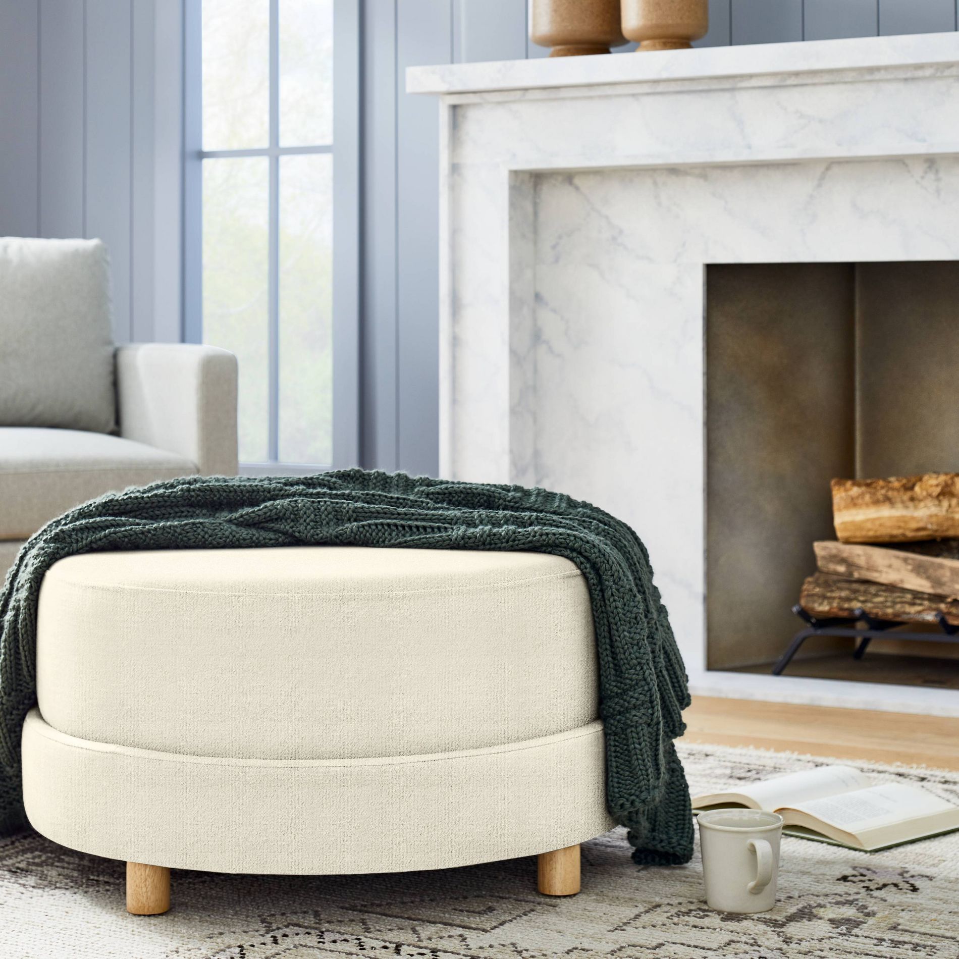 Wilmington Upholstered Round Ottoman Cream Boucle - Threshold™ designed with Studio McGee Assembly Required