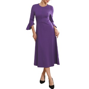 INSPIRE CHIC Women's Split Neck Bell 3/4 Sleeve Business Office Causal A-Line Midi Dresses - 1 of 4