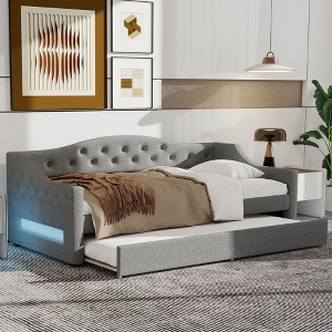 CAVINAS Twin/Full Size Pine Wood Linen Upholstered Daybed Bed Frame with LED Belt & Trundle,No Box Spring Needed - 1 of 4